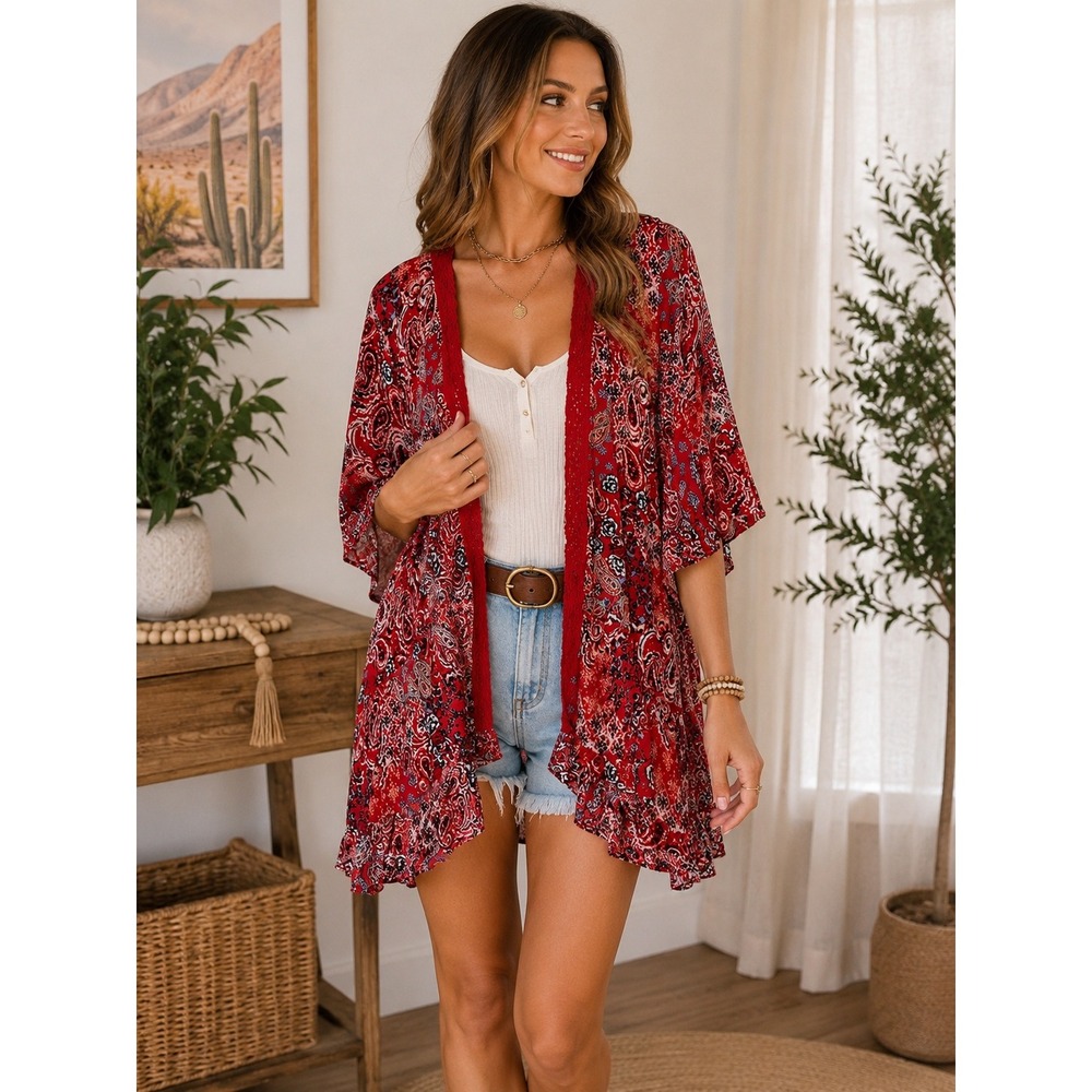 Maurices Red Paisley Kimono Cardigan Boho Open Front Cover Up Medium
